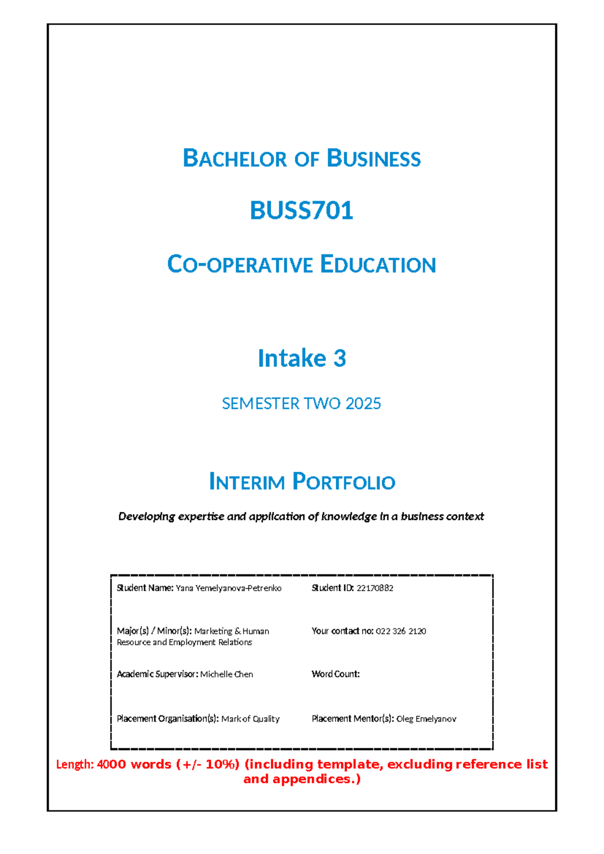 BACHELOR OF BUSINESS BUSS701 EDUCATION S2 2025 Interim Portfolio by ...