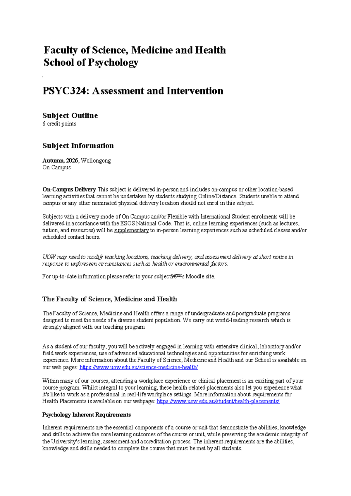 Subject Outline for PSYC324: Assessment and Intervention - Autumn 2026 ...