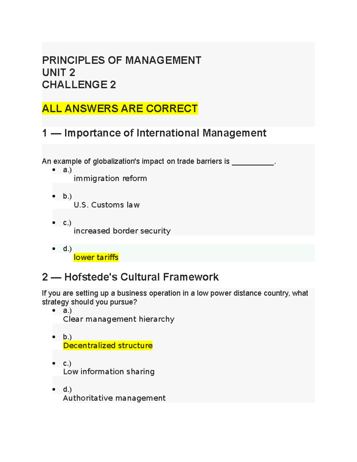 Principles of Management (POM 101) Unit 2 Challenge 2 Answers - Studocu