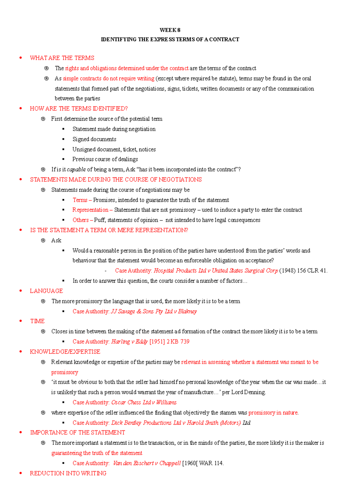 LA1105 Exam Notes - WEEK 8 IDENTIFYING THE EXPRESS TERMS OF A CONTRACT ...