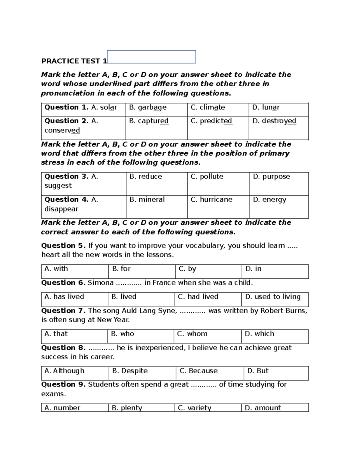 TEST UP 10 - Practice Test for Grade 10 Students - Studocu