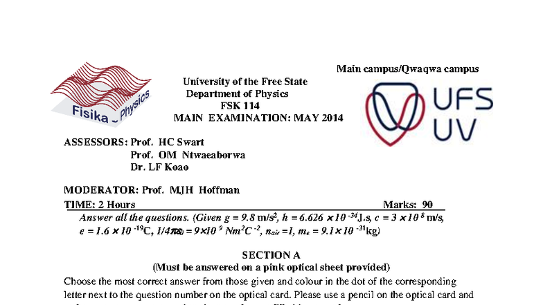 2014 FSK 114 Final Exam: Physics Main Examination Questions - Studocu