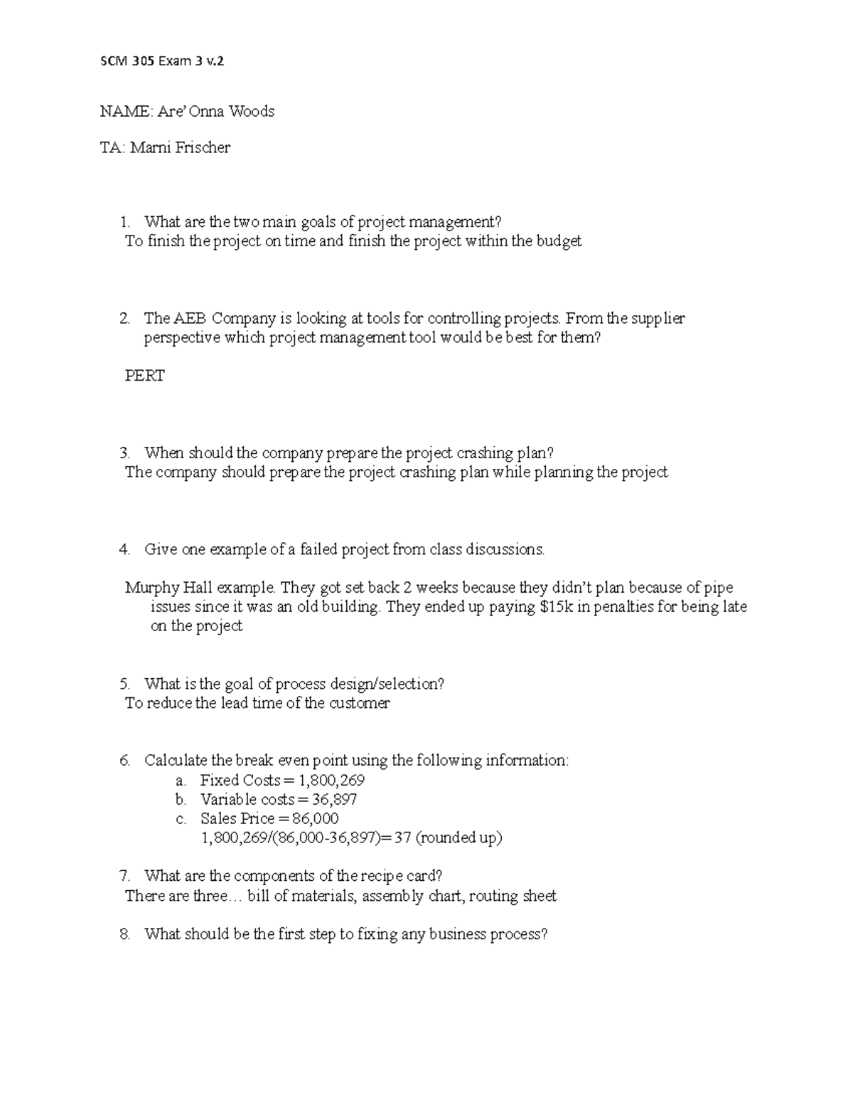 SCM305 Exam 3: Project Management and Forecasting Concepts - Studocu