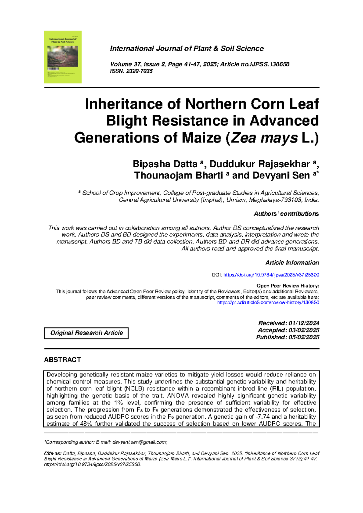 Inheritance of Northern Corn Leaf Blight Resistance in Maize (Zea mays ...