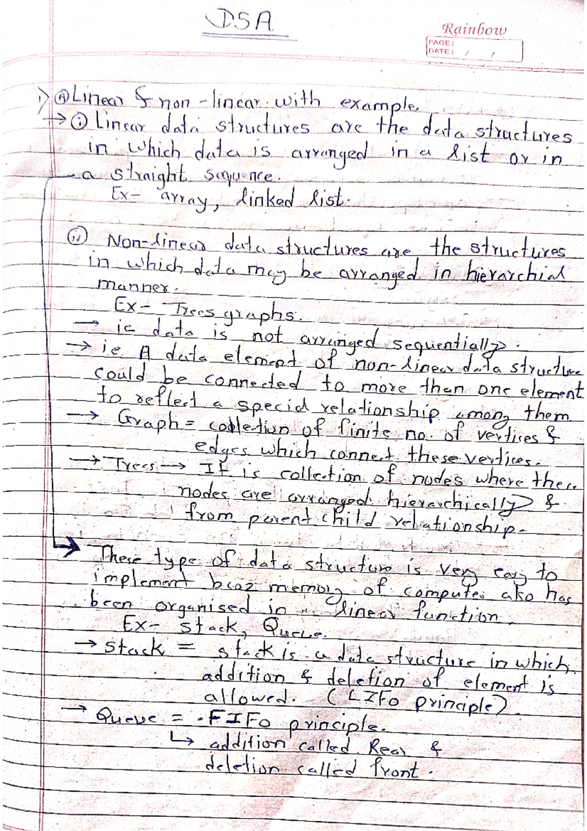 DSA PYQ - Notes - DSA Rainbow PAGE: DATE : 1) A Linear S non linear ...