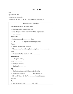 TEST 1 - choose answer - TEST 1 - 16 PART 1 Questions 1 – 10 Complete ...