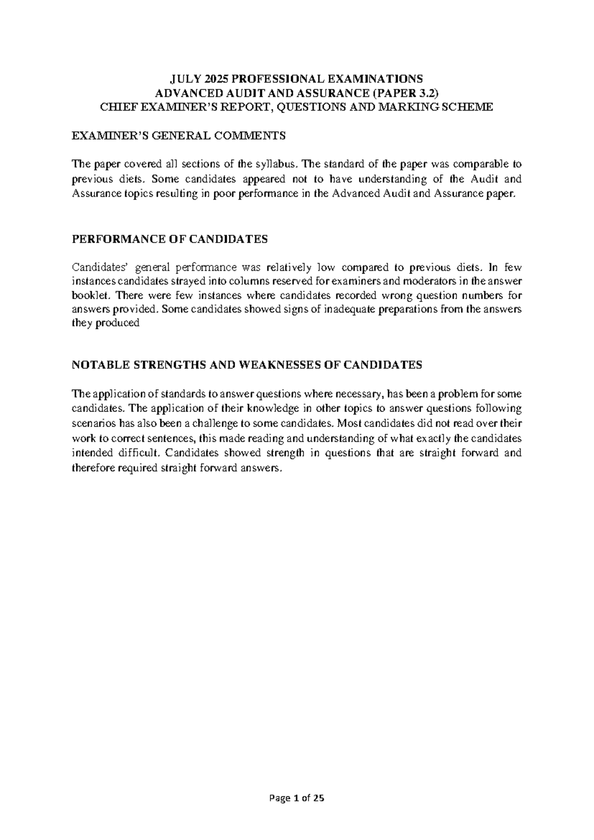 Advanced Audit and Assurance (PAPER 3.2) July 2025 Exam Report and ...