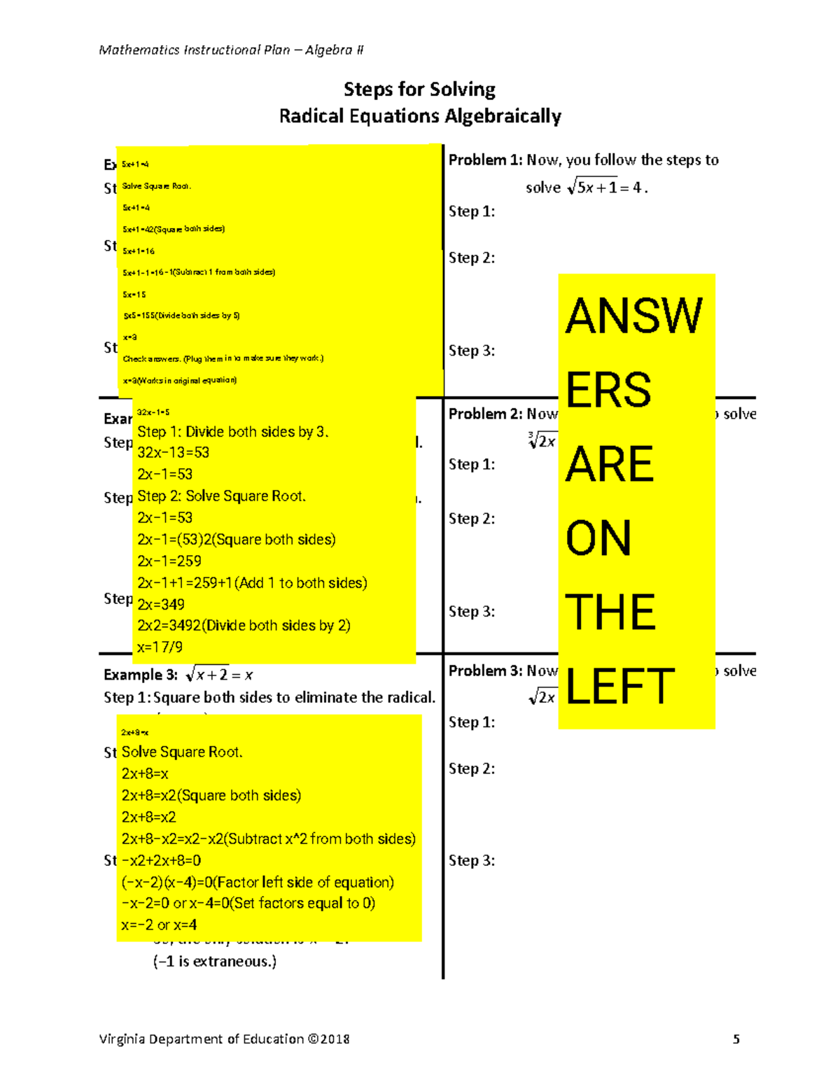 Algebra II Instructional Plan: Solving Radical Equations Guide - Studocu