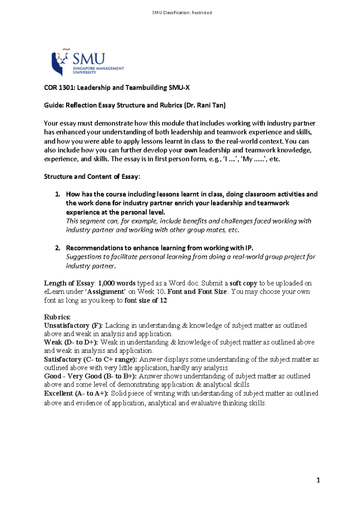Guide to Personal Essay - 1 SMU Classification: Restricted COR 13 01 ...