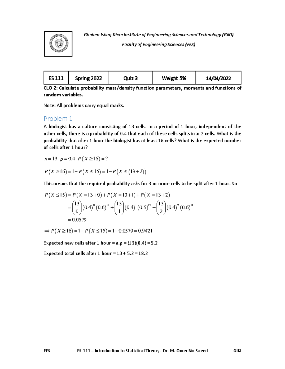 FES ES 111 - Quiz 3 Solutions - Introduction to Statistical Theory ...