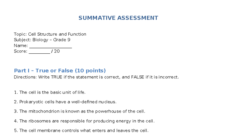 Kinkito Summative Assessment: Cell Structure & Function (Bio 9) - Studocu