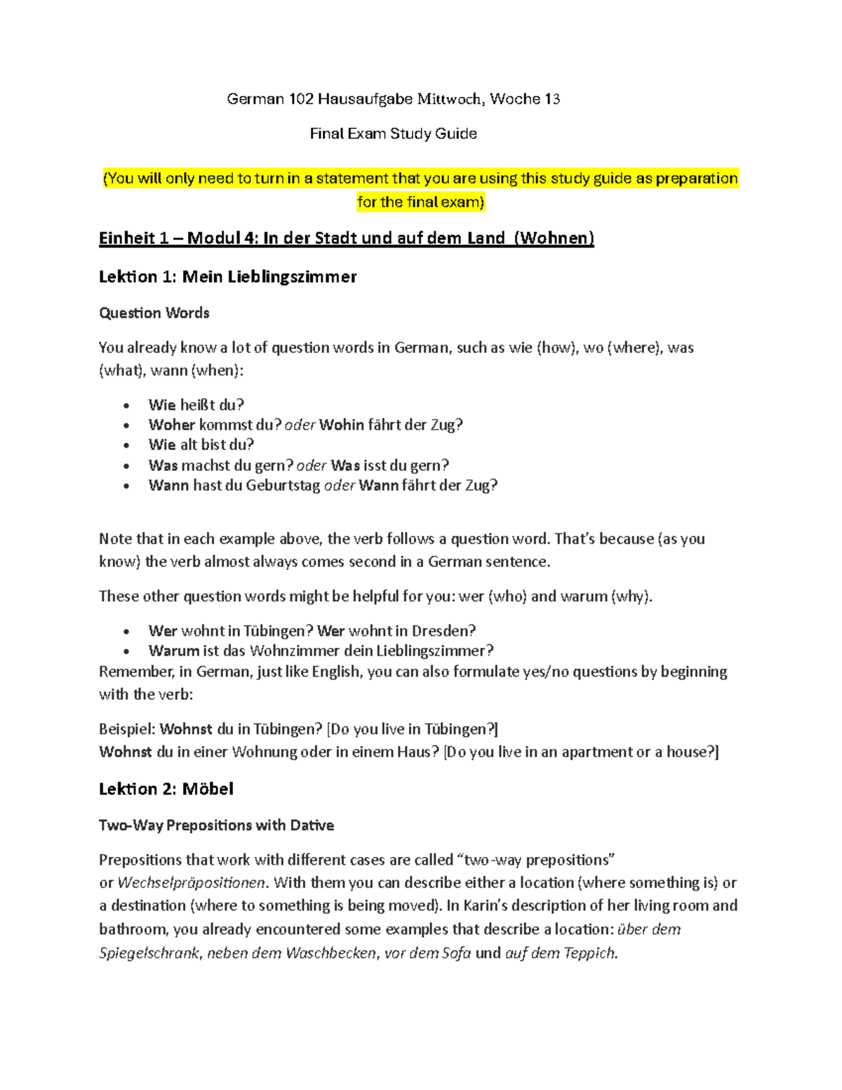 German 102: Final Exam Study Guide - Vocabulary & Grammar Review - Studocu