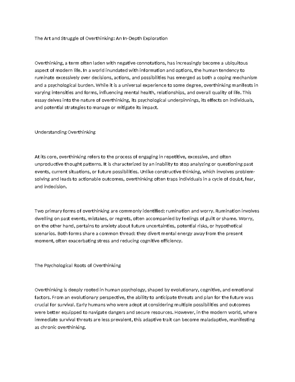 The Psychology and Impact of Overthinking: An Essay Exploration - Studocu