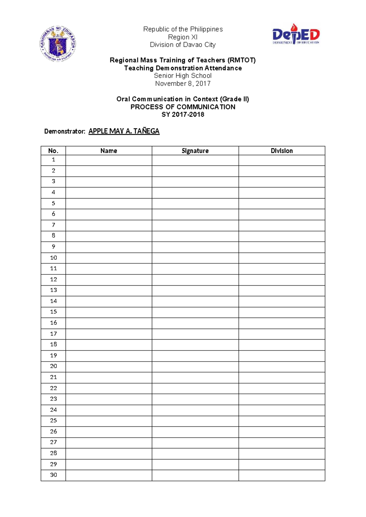 RMTOT Teaching Demo Attendance for Oral Communication SY 2017 - Studocu