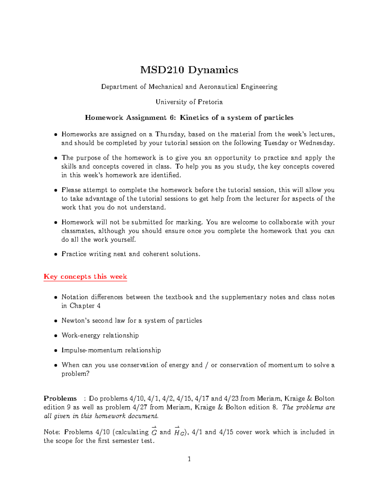 Homework Assignment 6: Dynamics Problems MKB 8, MSD210 - MSD210 ...