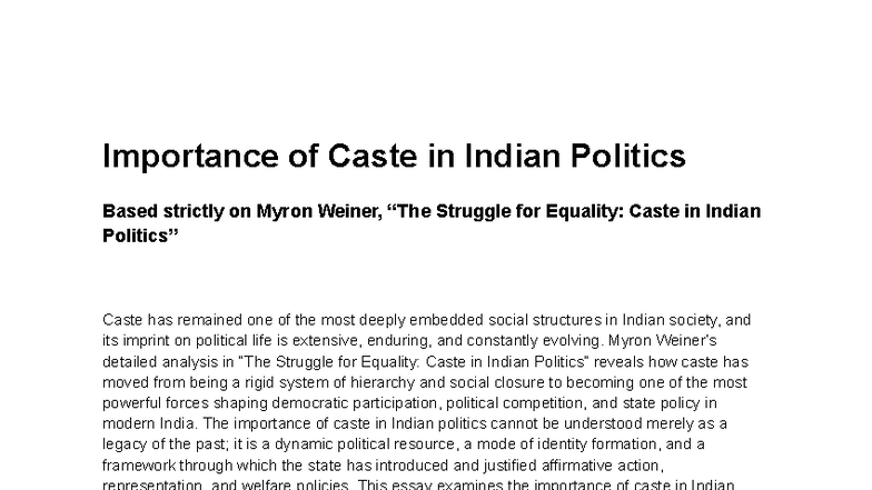 Caste in Indian Politics: Insights from Myron Weiner's Analysis - Studocu