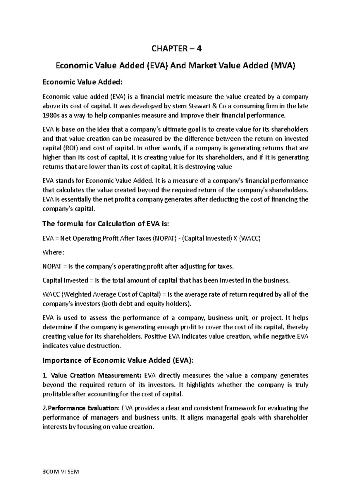 BCOM VI SEM: Economic & Market Value Added (EVA & MVA) Analysis - Studocu
