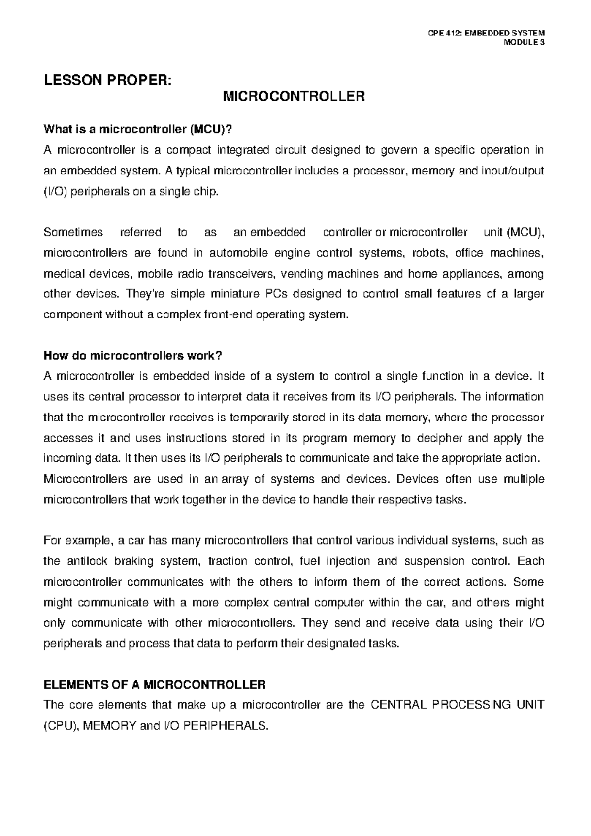 Module 3. Lesson Proper - LESSON PROPER: MICROCONTROLLER What is a ...