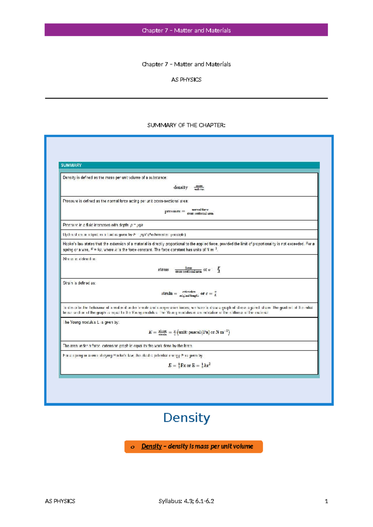 AS PHYSICS Chapter 7 Summary: Matter, Density, and Deformation - Studocu