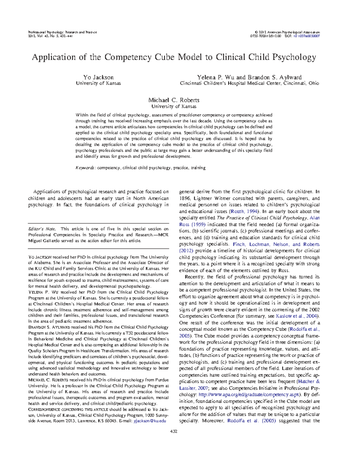 Application of the Competency Cube Model in Clinical Child Psychology ...
