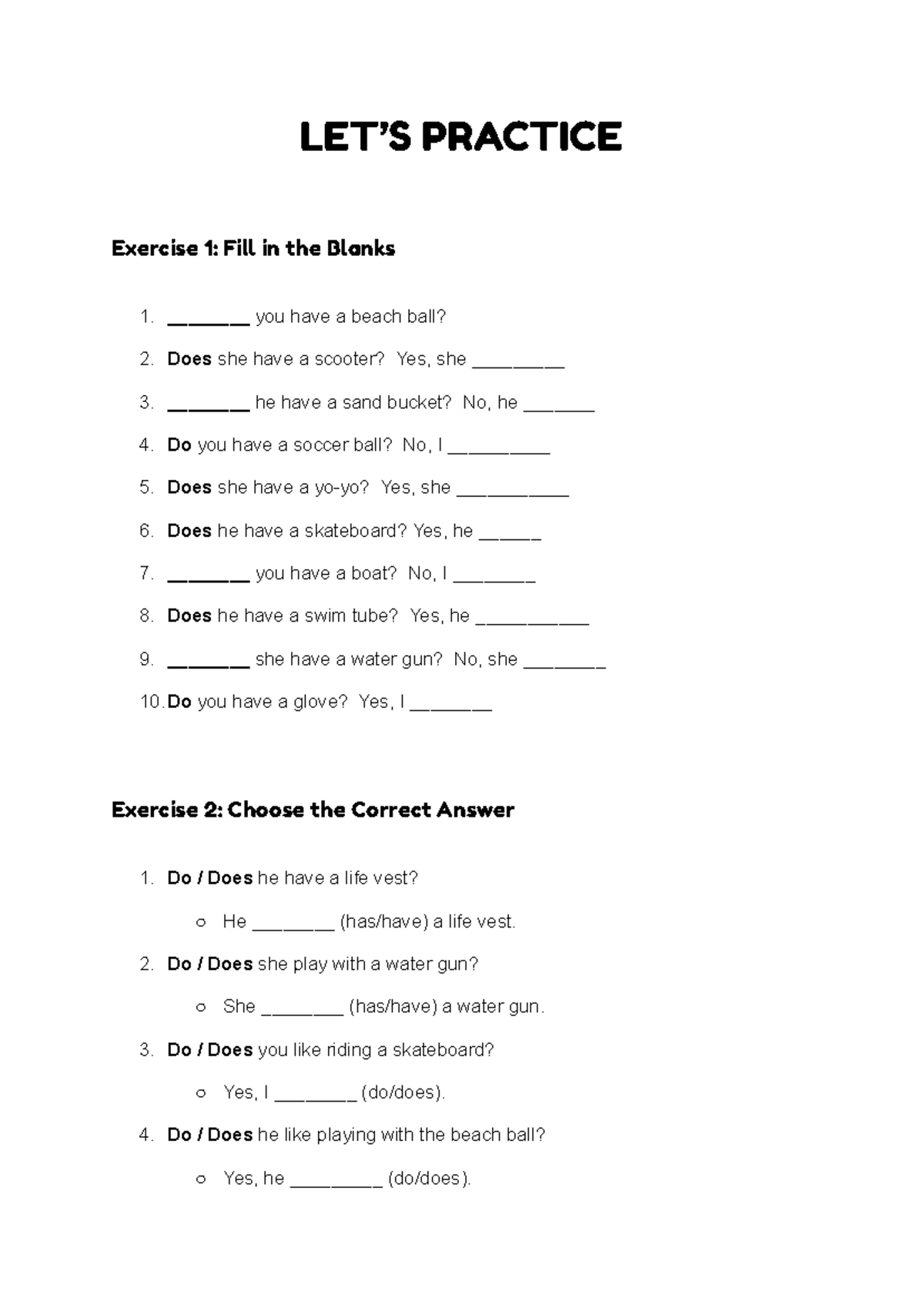 LET'S Practice: Exercises on Do and Does Usage - Studocu