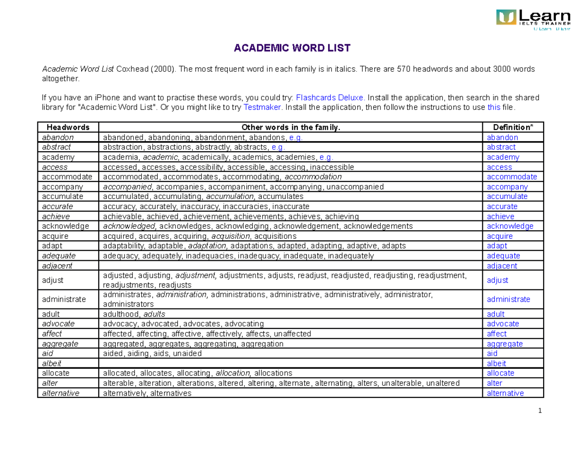 Bản sao của Academic WORD LIST - ACADEMIC WORD LIST Academic Word List ...