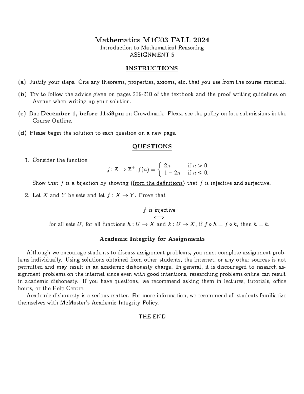 M1C03 Assignment 5 2024 - Mathematics M1C03 FALL 2024 Introduction to ...