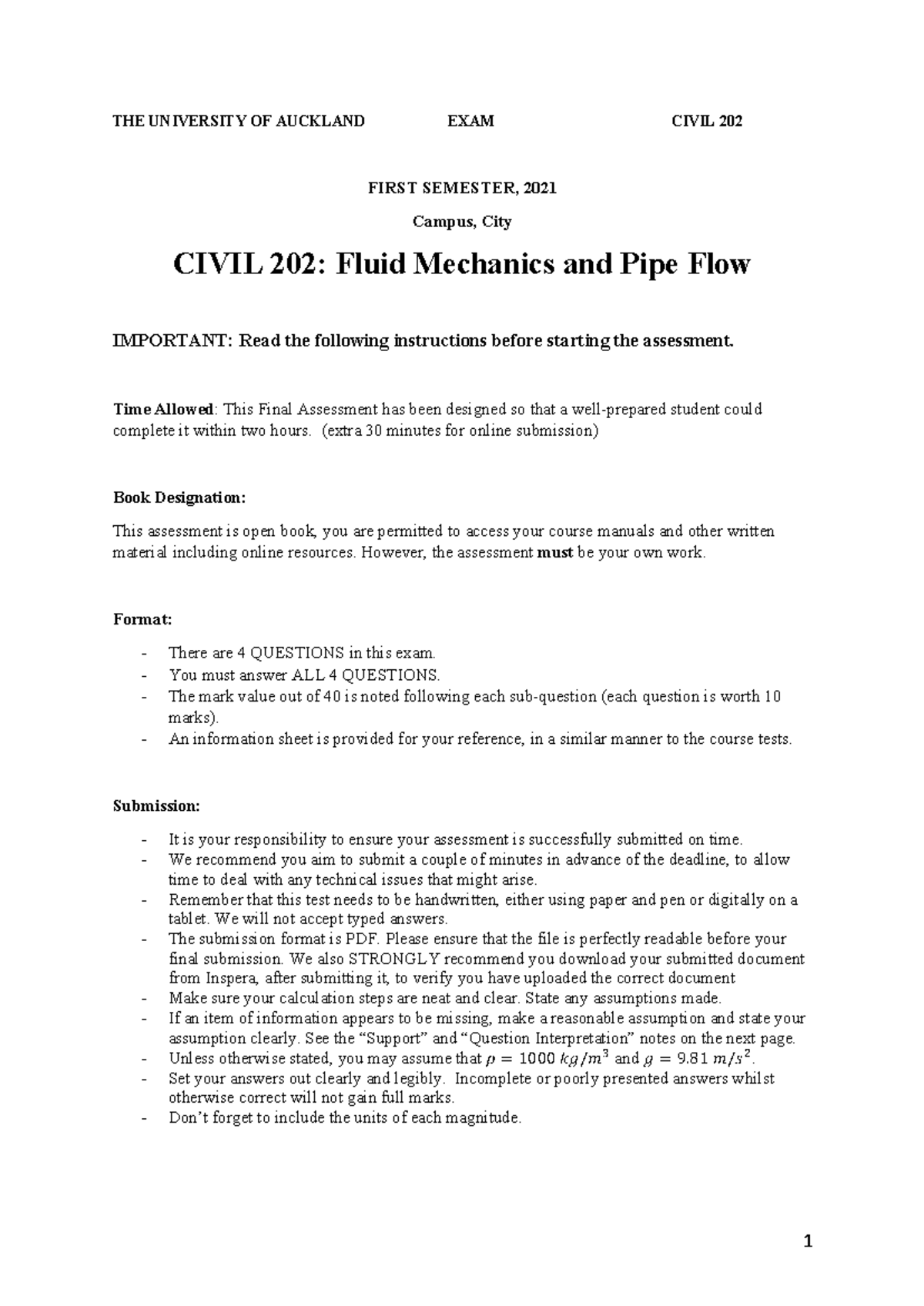 Civil 202: Final Exam Solutions for Fluid Mechanics, 2021 - Studocu