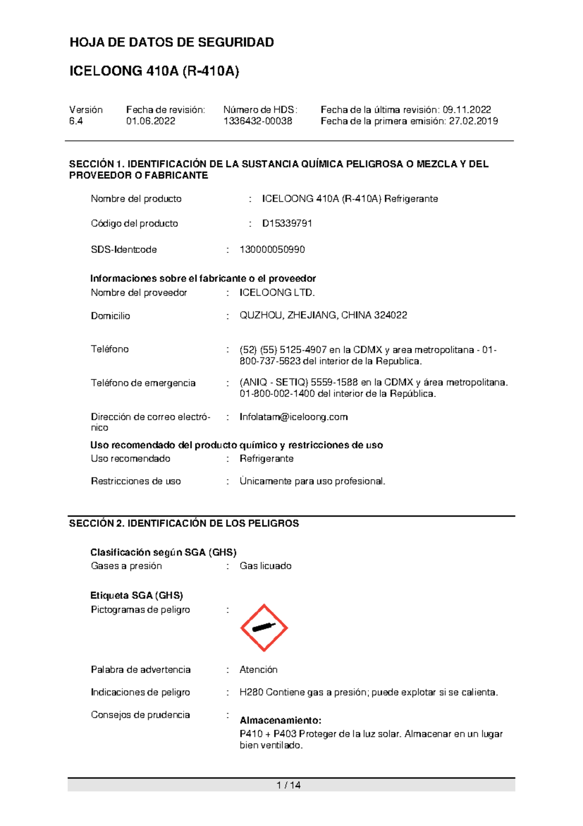6.1 MSDS - IceLoong R-410A Refrigerant Safety Data Sheet - Document Preview