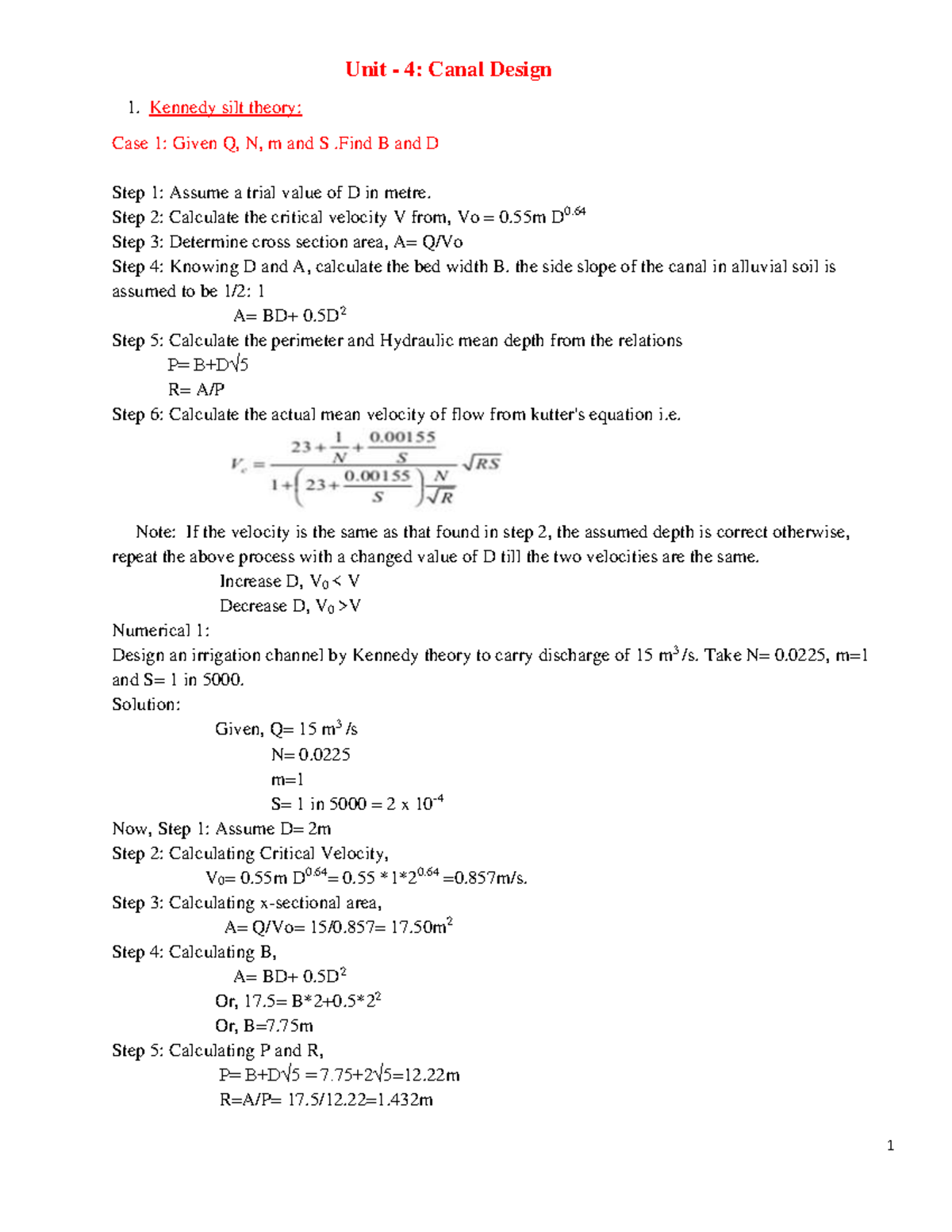 Irrigation Numerical Solutions (CE 101): Canal Design & Kennedy Theory ...