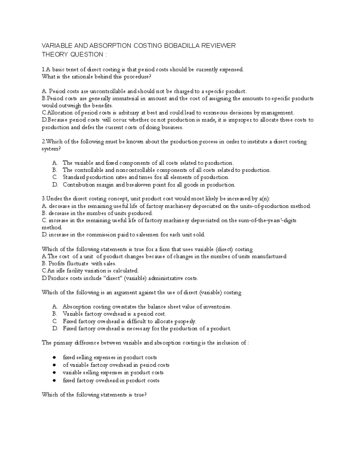 Variable and Absorption Costing (ACCT 101) Reviewer Notes - Studocu