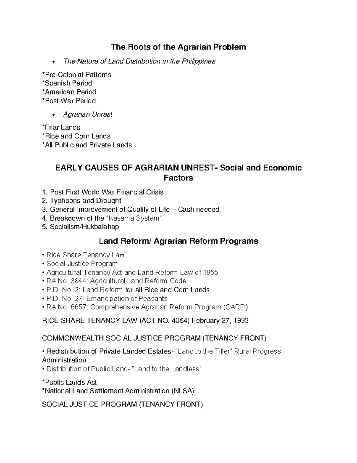 The Roots of the Agrarian Problem - 3844: Agricultural Land Reform Code ...