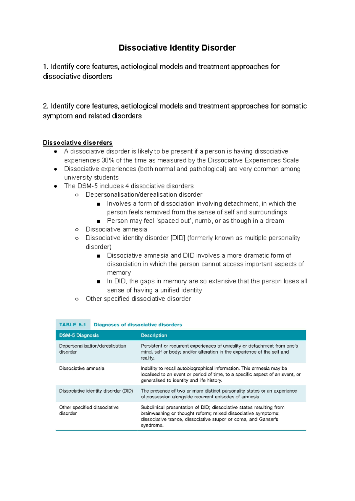 PSY3032 week 11 notes - Dissociative Identity Disorder - Dissociative ...