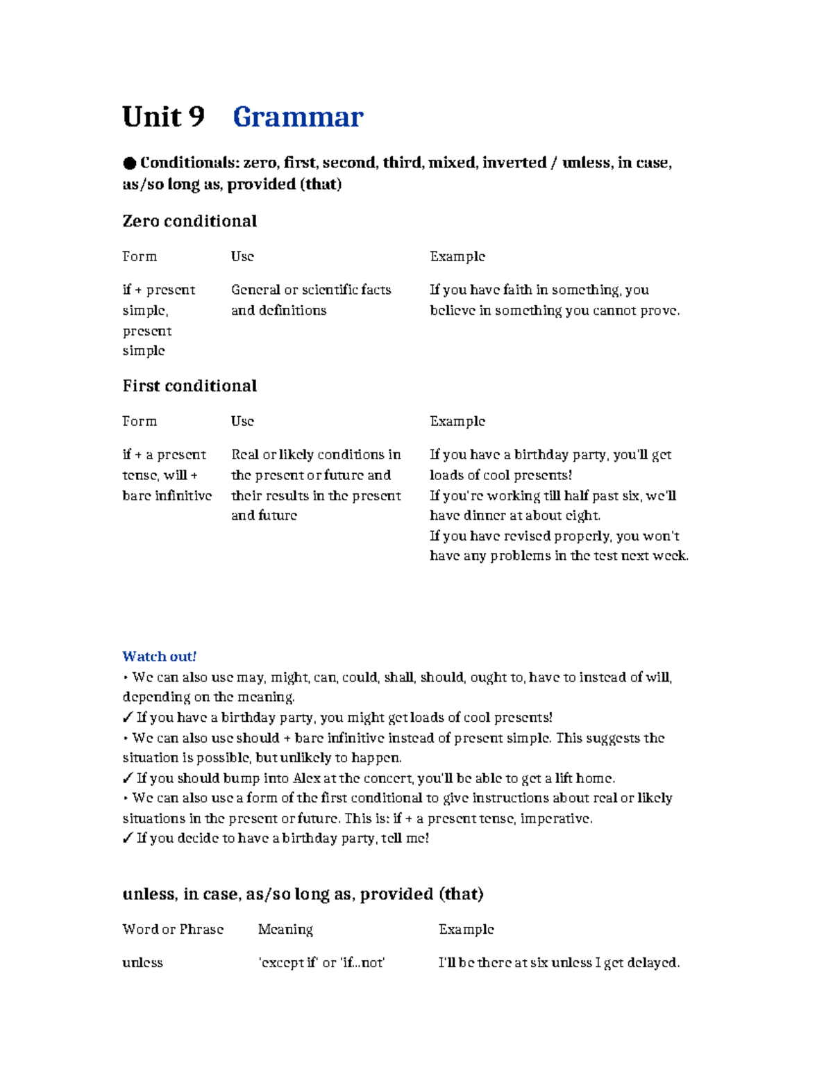 Unit 9 Grammar: Understanding Conditionals and Their Uses - Studocu