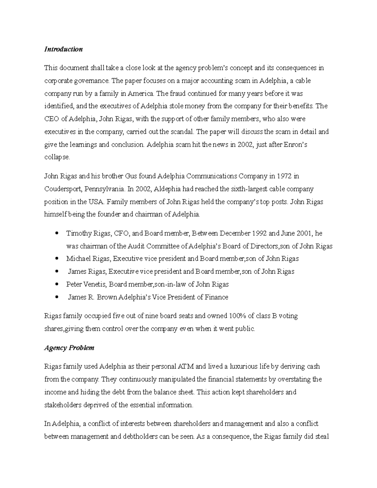 Agency problem of a company - Introduction This document shall take a ...