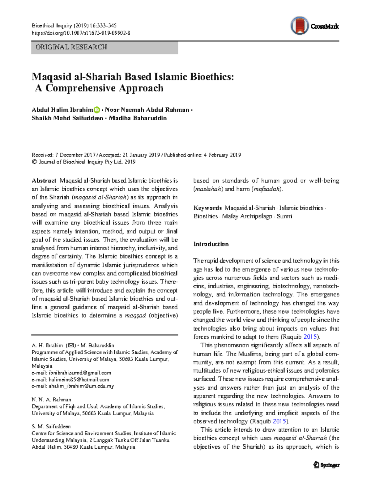 S11673 019 09902 8 - Maqasid Based Islamic Bioethics: A Comprehensive ...