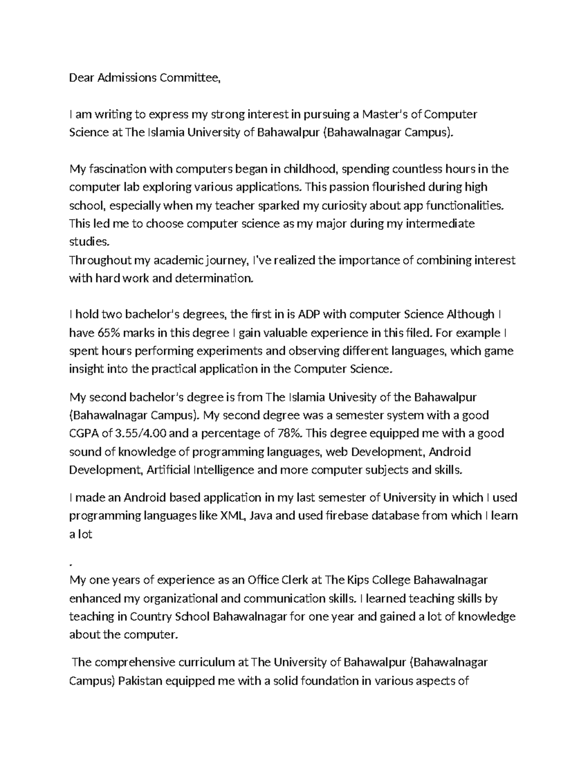 Personal Statement for MS in Computer Science - Mohsin - Studocu