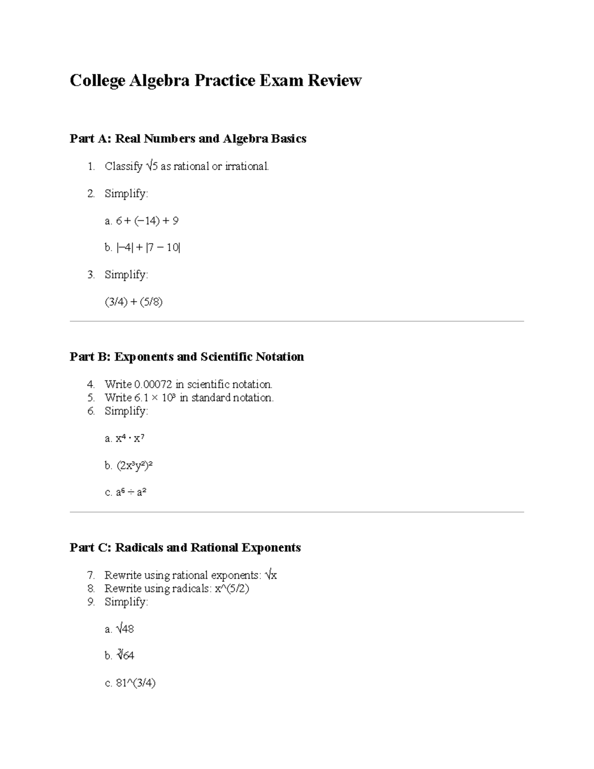 College Algebra Practice Exam Review: Real Numbers & Basics - Studocu