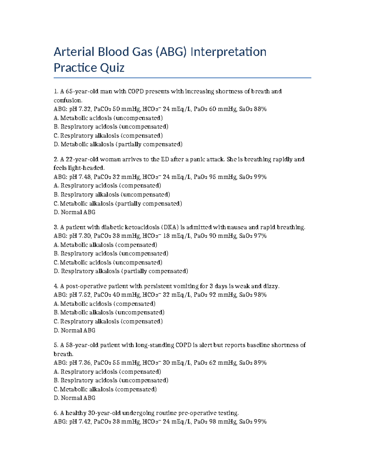 NUR 301 - Week 3 - Arterial Blood Gas Interpretation Quiz - Studocu