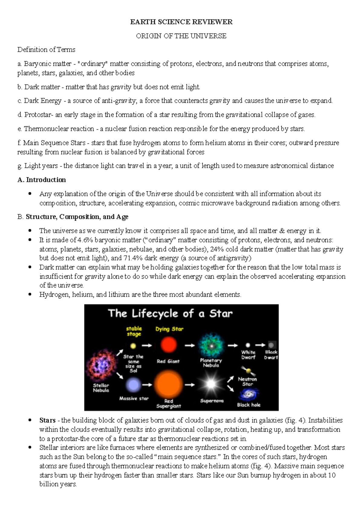Earth Science Reviewer: Origin of the Universe and Key Concepts - Studocu