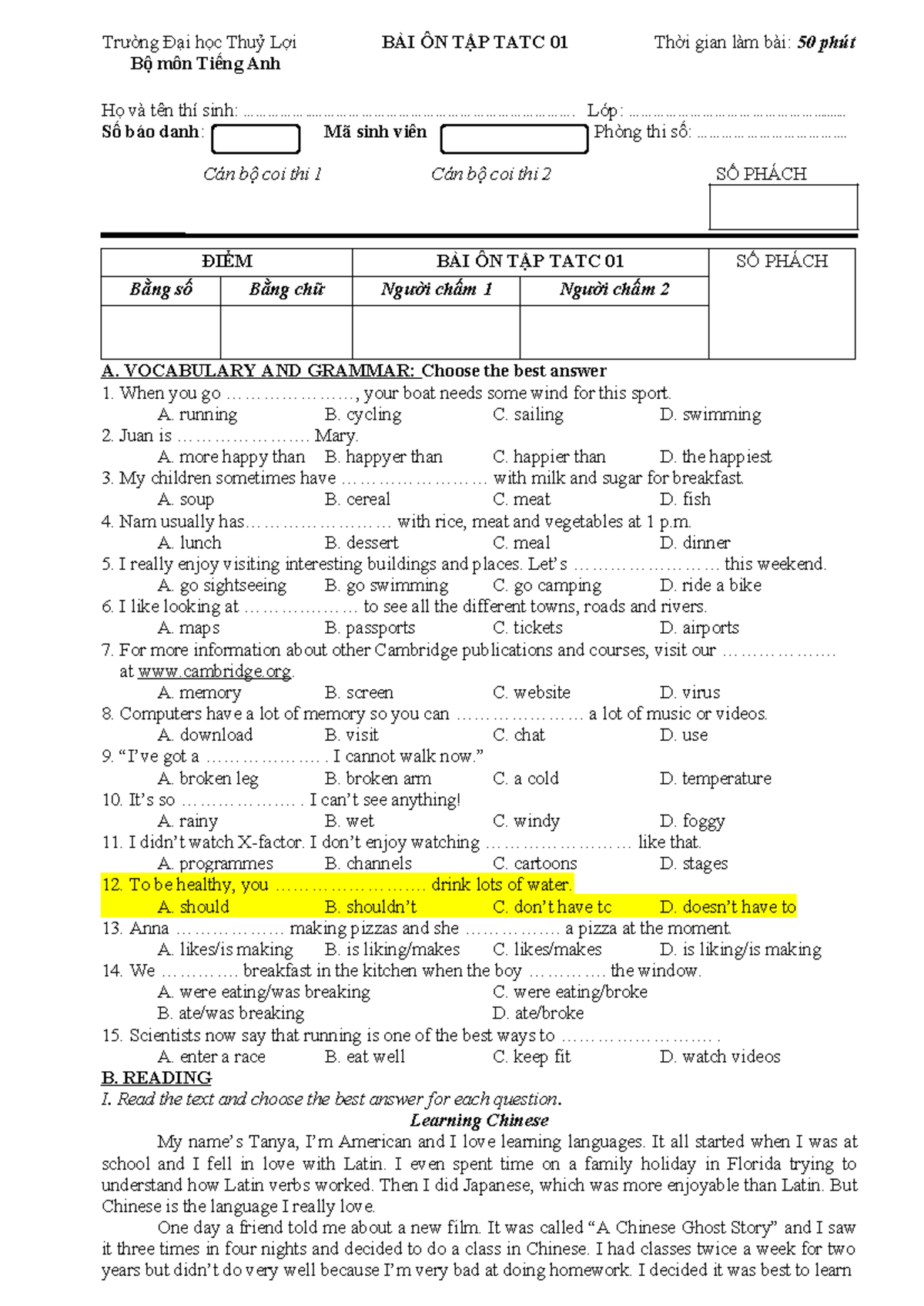 TATC 01 - Vocabulary and Grammar Review for Final Exam - Studocu