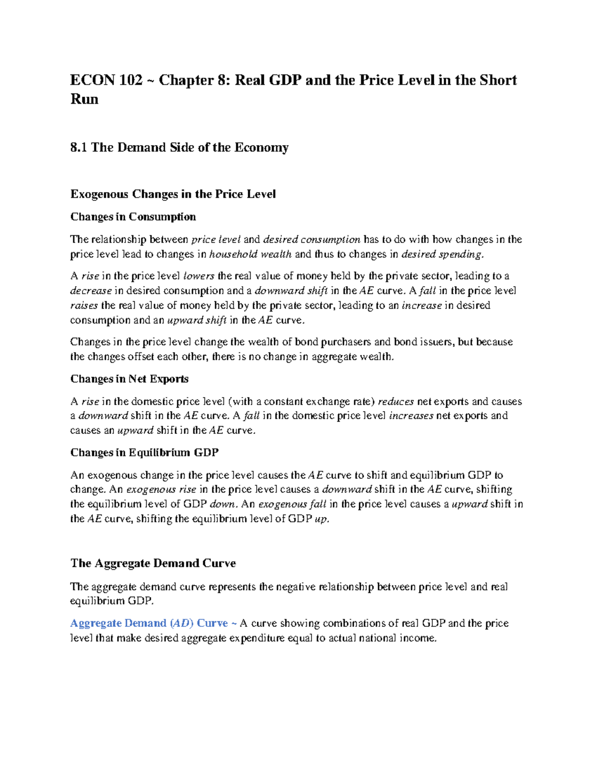 ECON102 - Chapter 8 - ECON 102 ~ Chapter 8: Real GDP and the Price ...