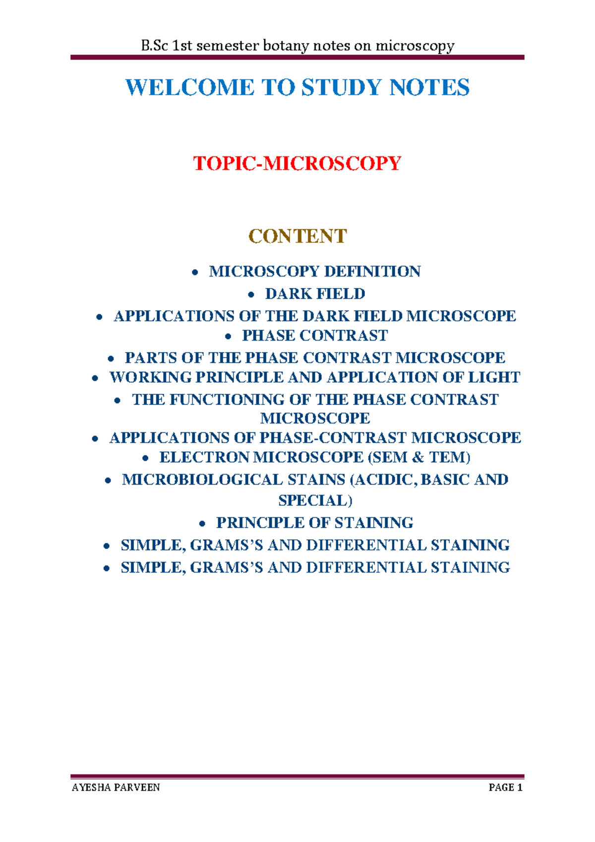 Microscopy - WELCOME TO STUDY NOTES TOPIC-MICROSCOPY CONTENT MICROSCOPY ...