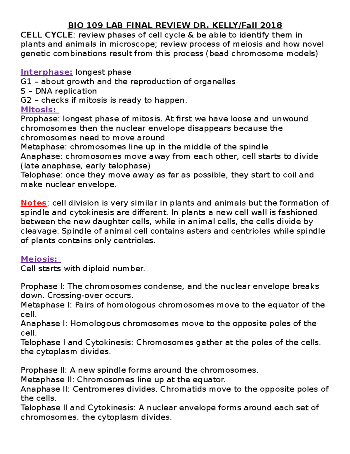 BIO 109 LAB Final Review: Cell Cycle, Meiosis, Mutations, and CRISPR ...
