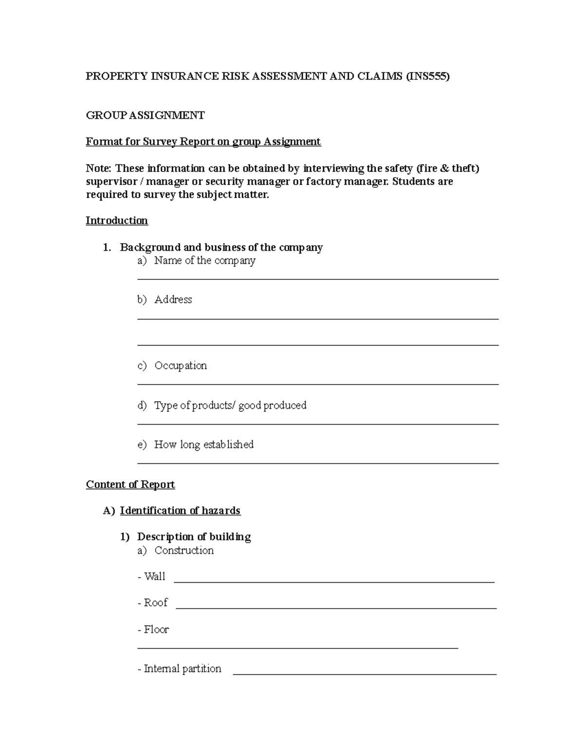 INS555 Risk Assessment Survey Report for Property Insurance - Studocu