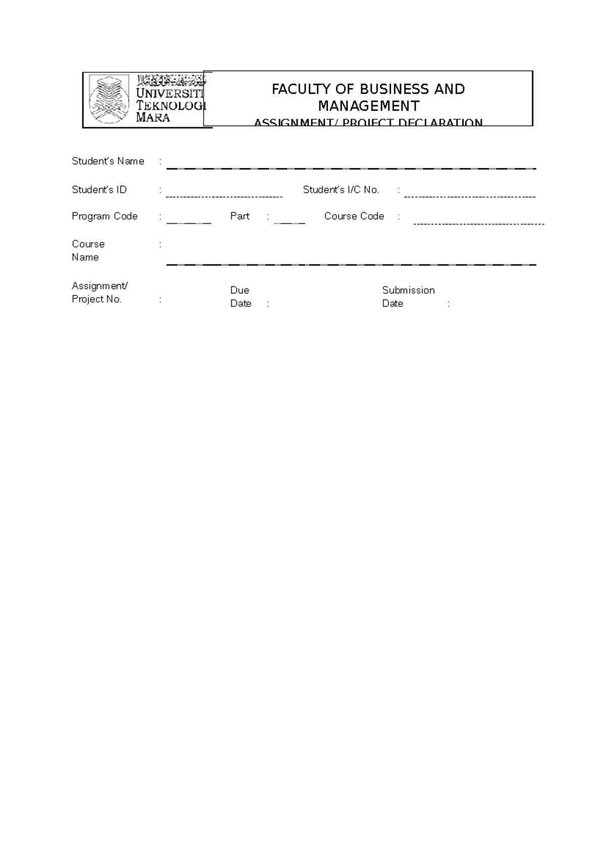 Assignment Project Declaration Form - Student’s Name : Student’s ID ...