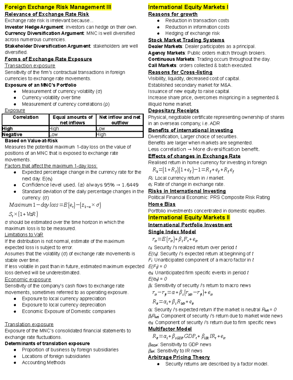 EFB312 International Finance - Final Exam Study Notes on FX Risk ...