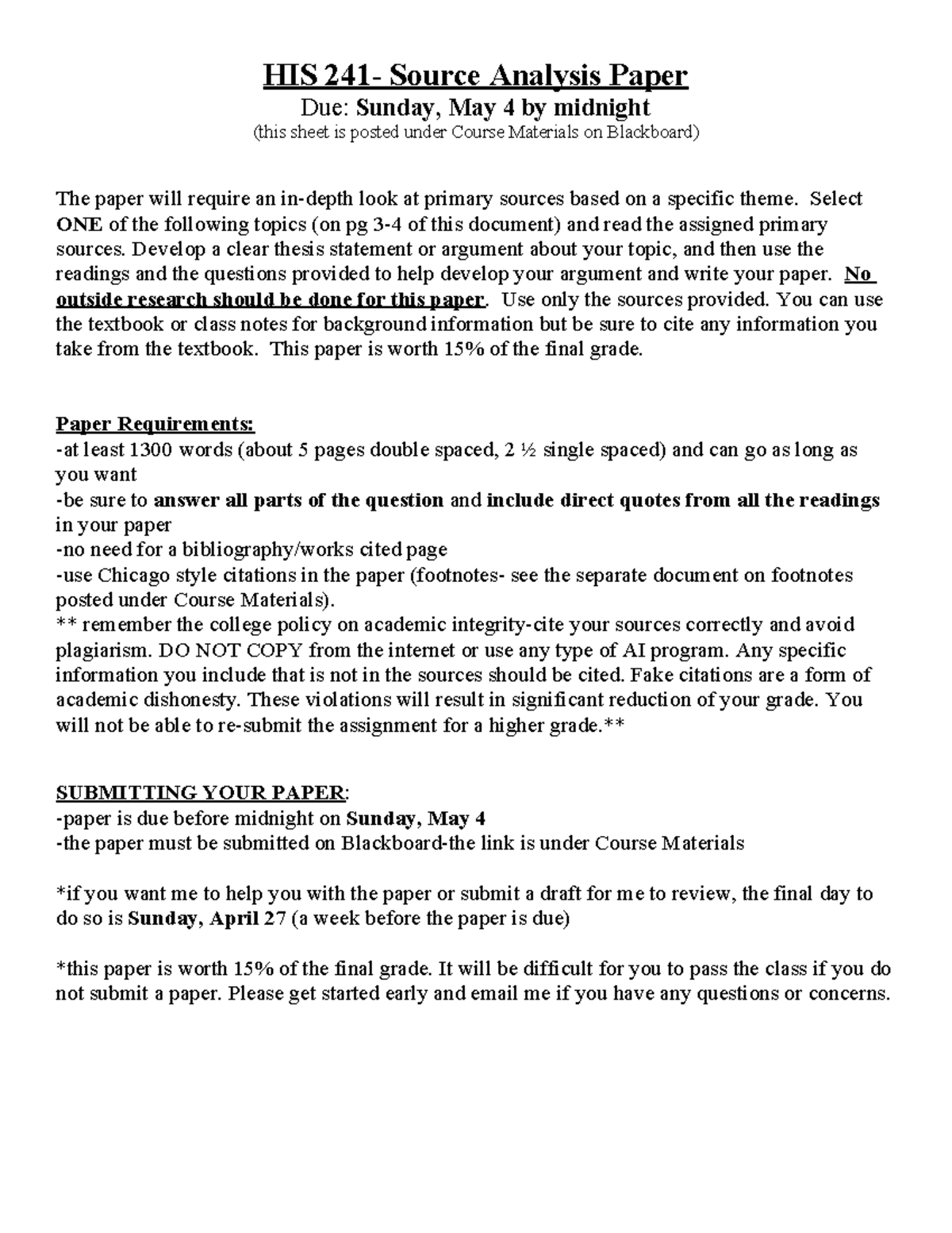 HIS 241 Source Analysis Paper Instructions and Guidelines - Studocu