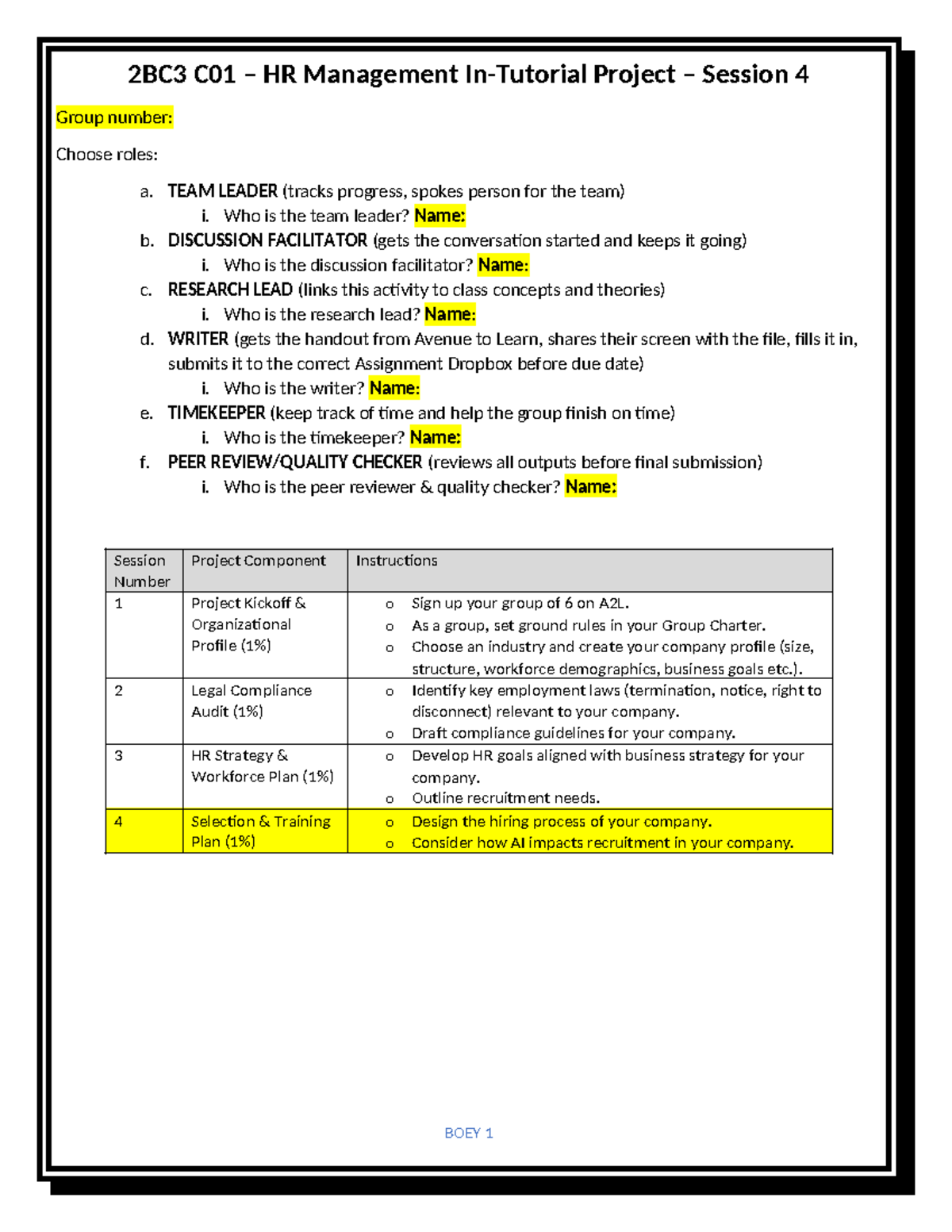 2BC3 C01 HR Management Project Worksheet - Session 4 Roles & Tasks ...
