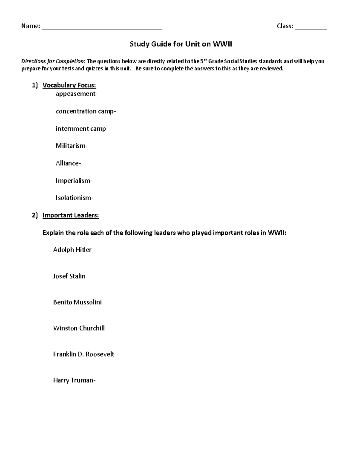 World war ii study guide common assessment - Name ...